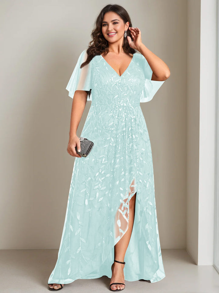 A-Line/Princess V-Neck Short Sleeves Asymmetrical Plus Size Mother Of The Bride Dresses with Sequins