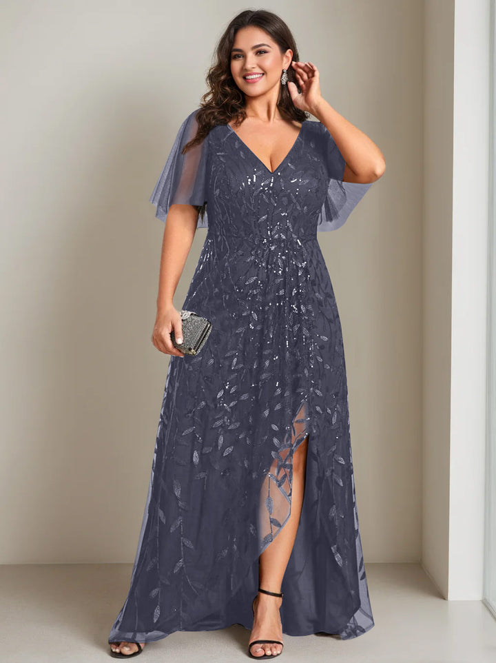 A-Line/Princess V-Neck Short Sleeves Asymmetrical Plus Size Mother Of The Bride Dresses with Sequins