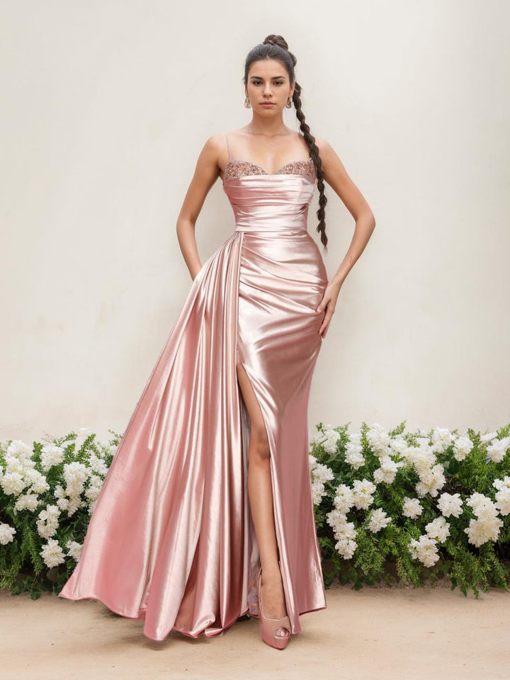 Sheath/Column Spaghetti Straps Sleeveless Floor-Length Mother of the Bride Dresses with Split Side