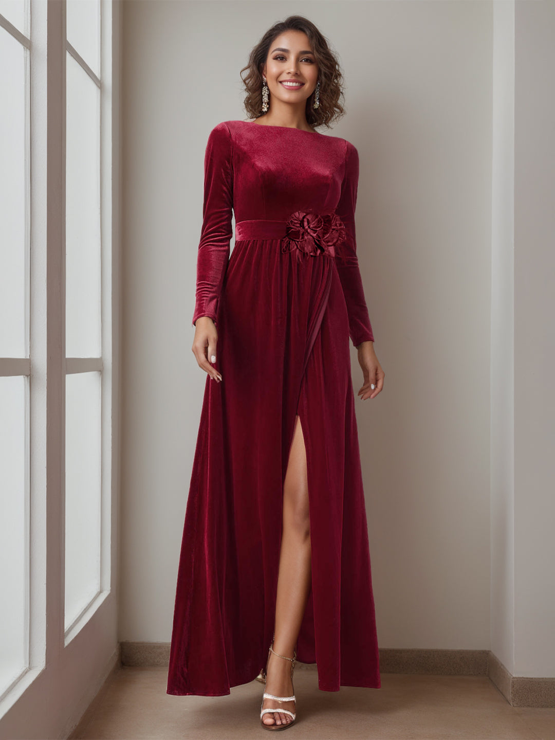 Burgundy Mother of the Bride Dresses 2026 Women's A-Line/Princess Scoop Neck Long Sleeves Floor-Length Wedding Guest Formal Evening Gowns with Ruffles Burgundy Mother of the Bride Dresses 2026 Women's A-Line/Princess Scoop Neck Long Sleeves Floor-Length Wedding Guest Formal Evening Gowns with Ruffles