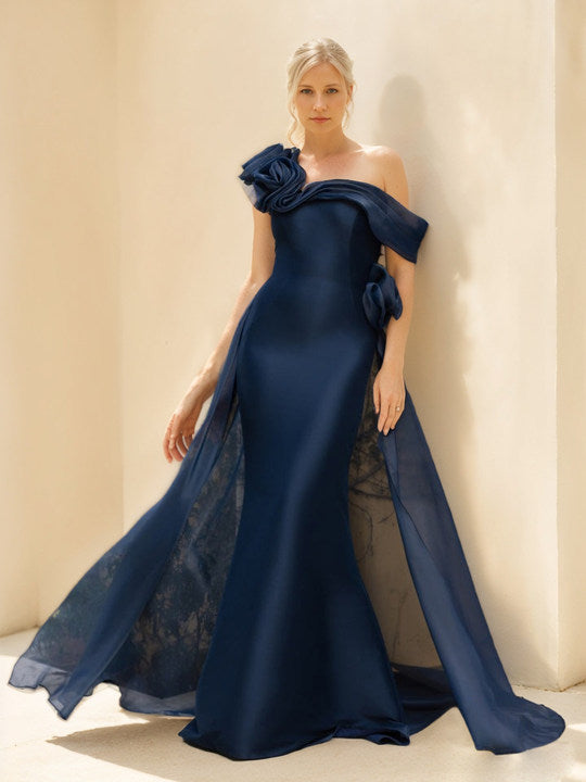 Sheath/Column Off-the-Shoulder Long Sleeves Floor-Length Mother of the Bride & Groom Dresses with Flower & Overskirt