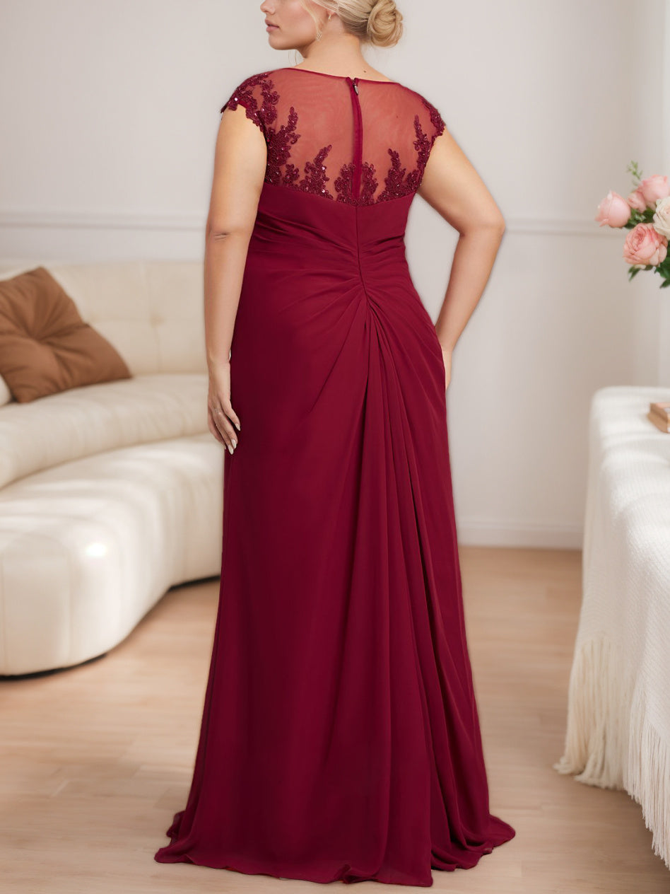 A-Line/Princess Scoop Cap sleeves Floor-Length Plus Size Mother of the Bride Dresses with Beading, Pleated & Sequins