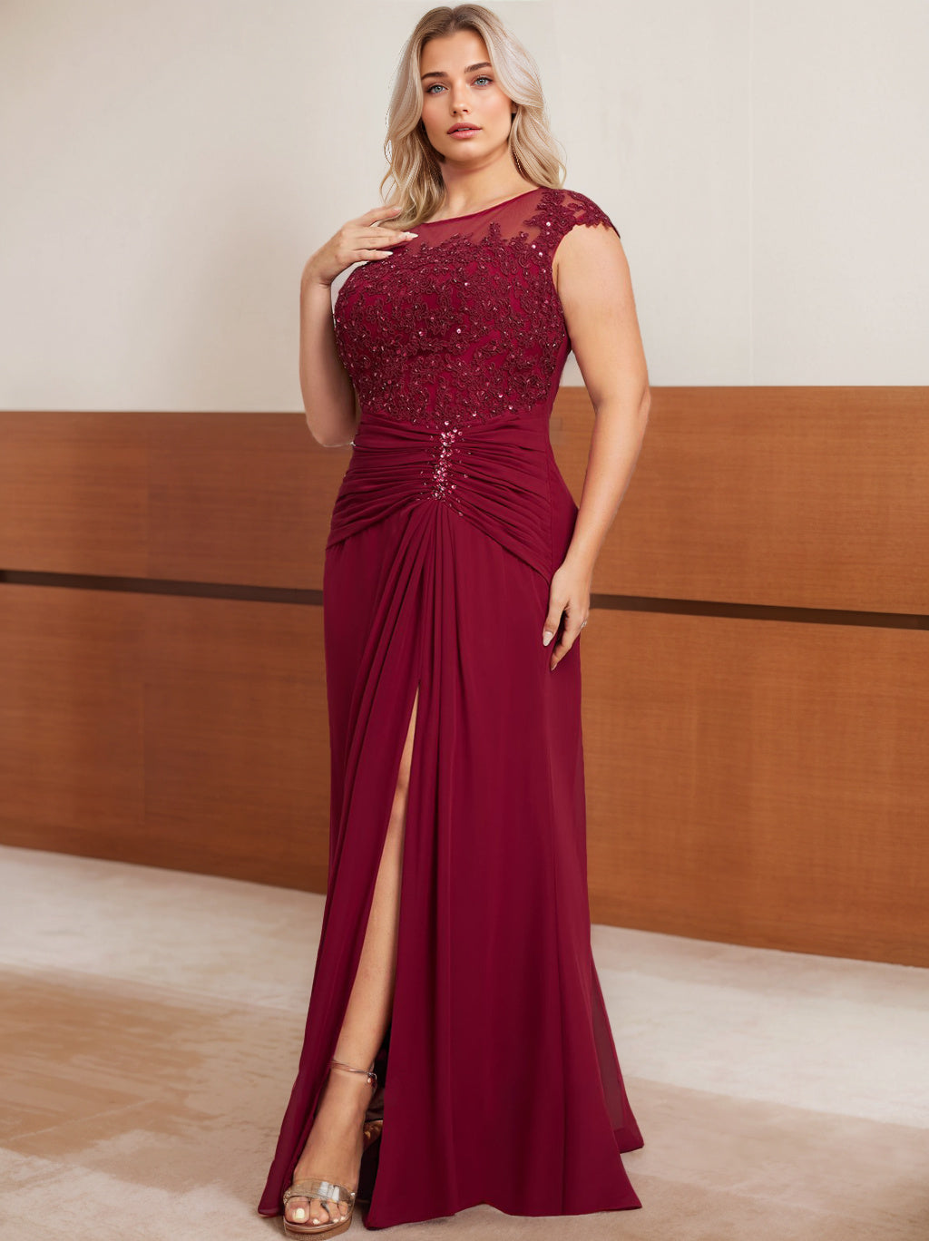 Burgundy Mother of the Bride Dresses 2026 A-Line/Princess Scoop Cap sleeves Floor-Length Plus Size Formal Evening Gowns with Beading, Burgundy
