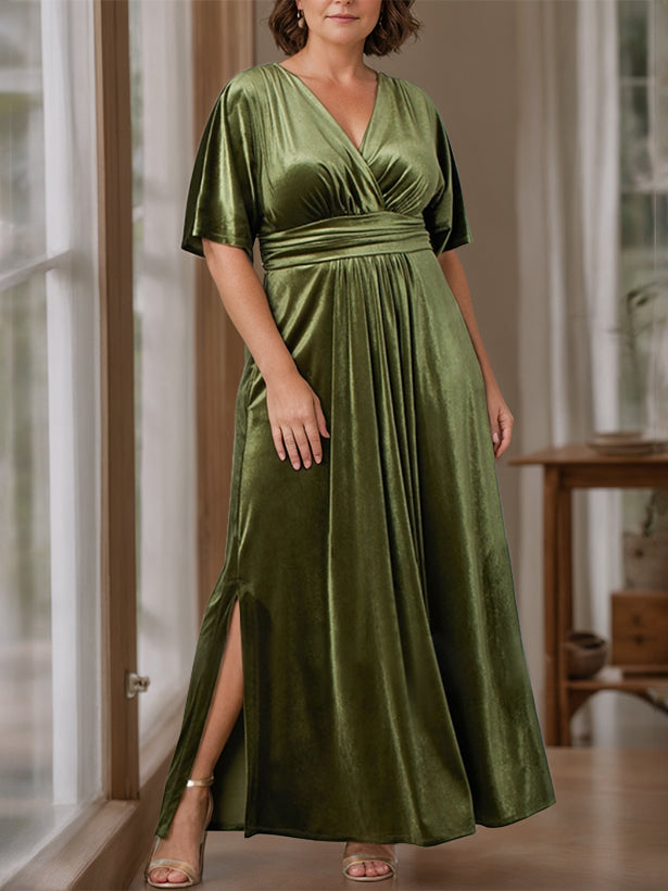 A-Line/Princess V-Neck Half Sleeves Floor-Length Plus Size Mother of the Bride Dresses with Ruffles