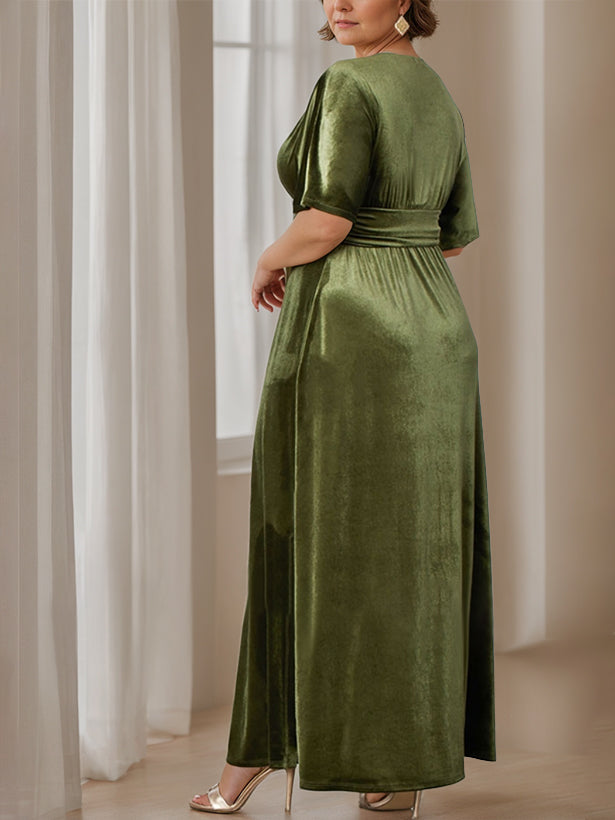 A-Line/Princess V-Neck Half Sleeves Floor-Length Plus Size Mother of the Bride Dresses with Ruffles