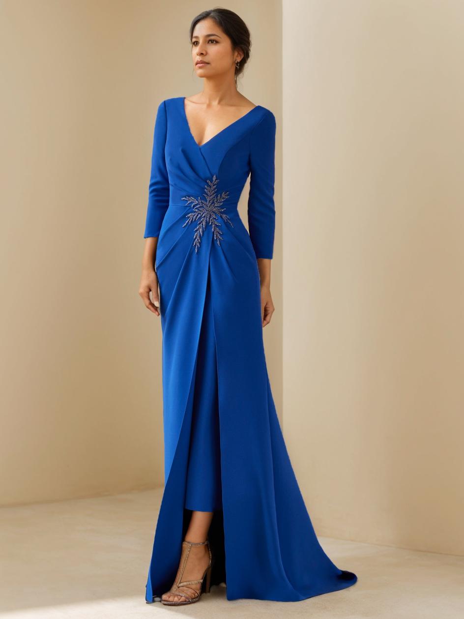 Sheath/Column V-Neck 3/4 Length Sleeves Floor-Length Mother of the Bride Dresses With Ruffles, beaded & Appliques