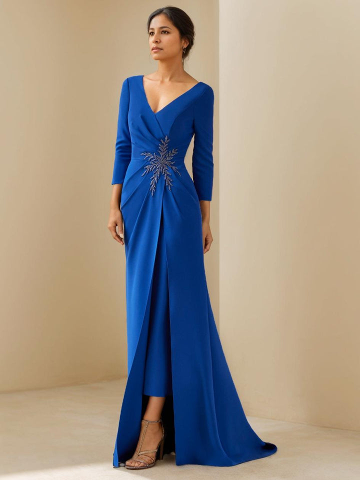 Sheath/Column V-Neck 3/4 Length Sleeves Floor-Length Mother of the Bride Dresses With Ruffles, beaded & Appliques