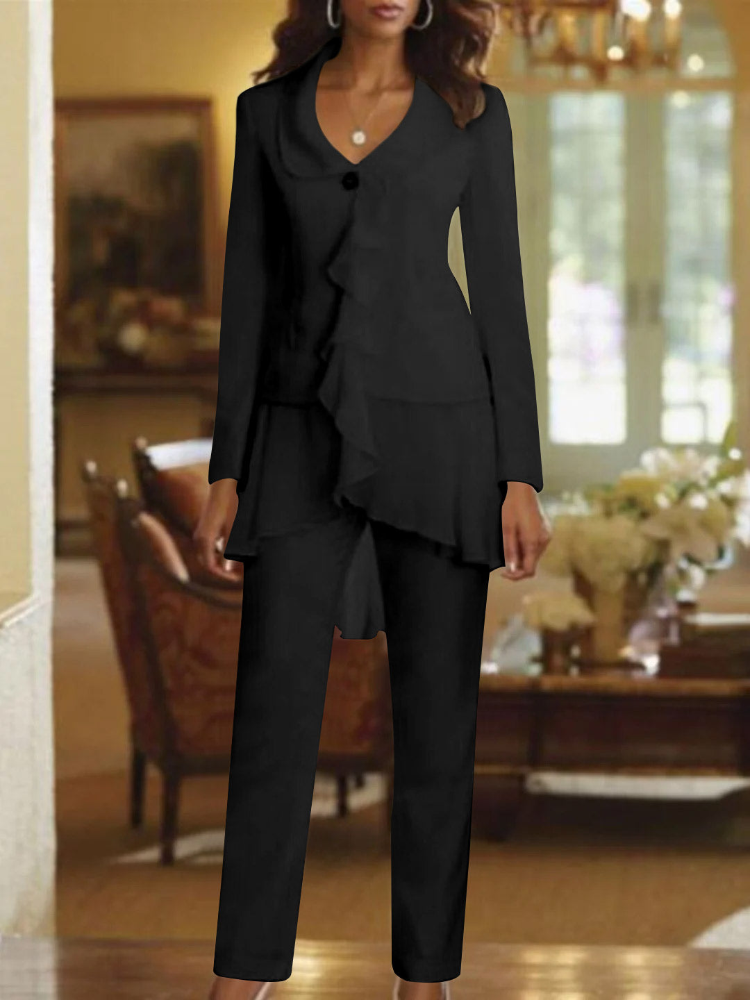 White V-Neck Long Sleeves Floor Length Mother of the Bride Pantsuits With Ruffle