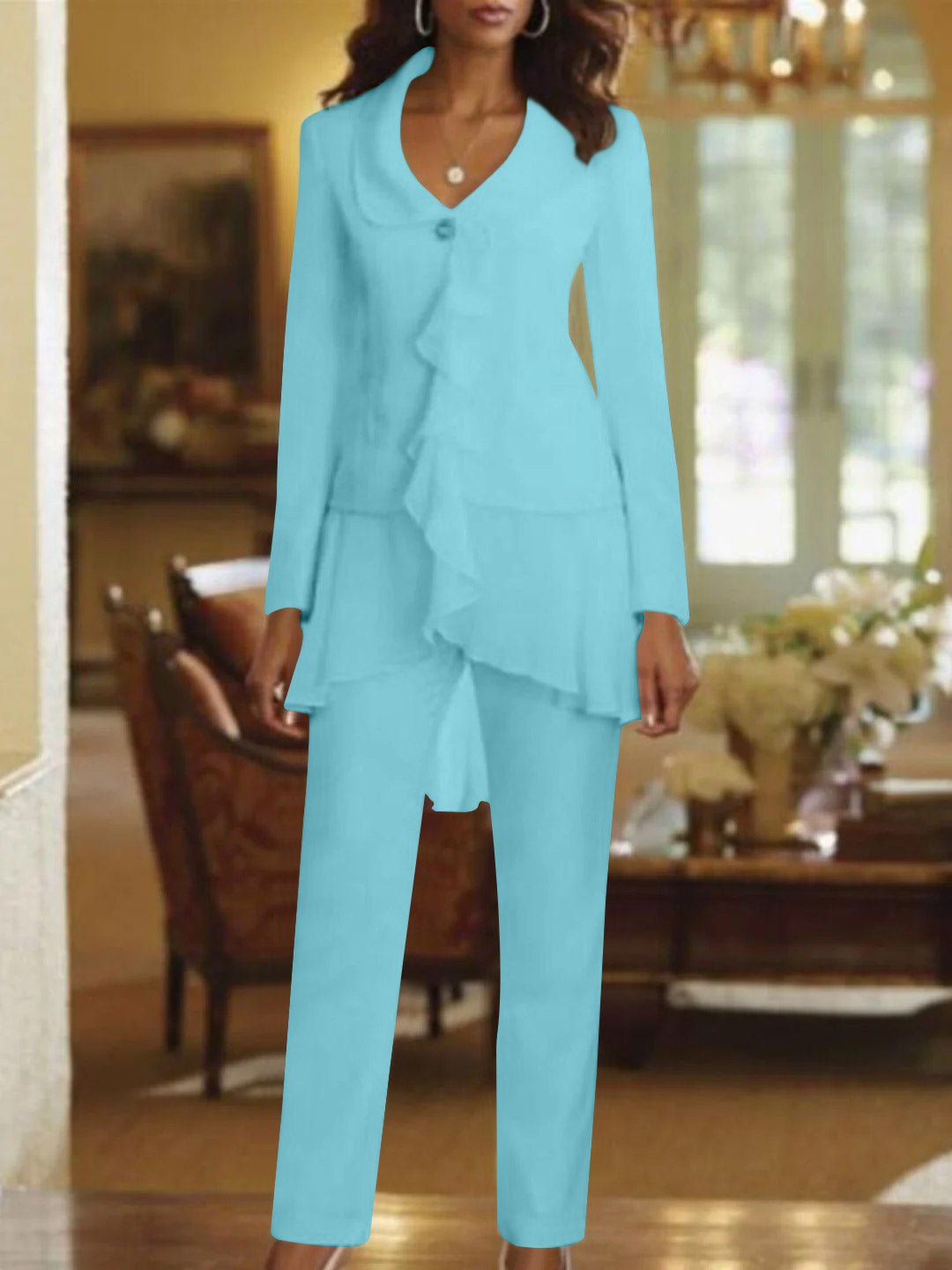 White V-Neck Long Sleeves Floor Length Mother of the Bride