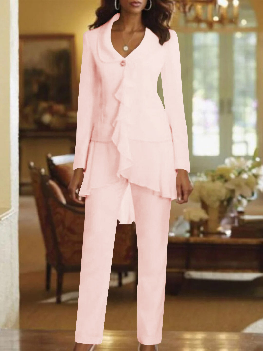 White V-Neck Long Sleeves Floor Length Mother of the Bride