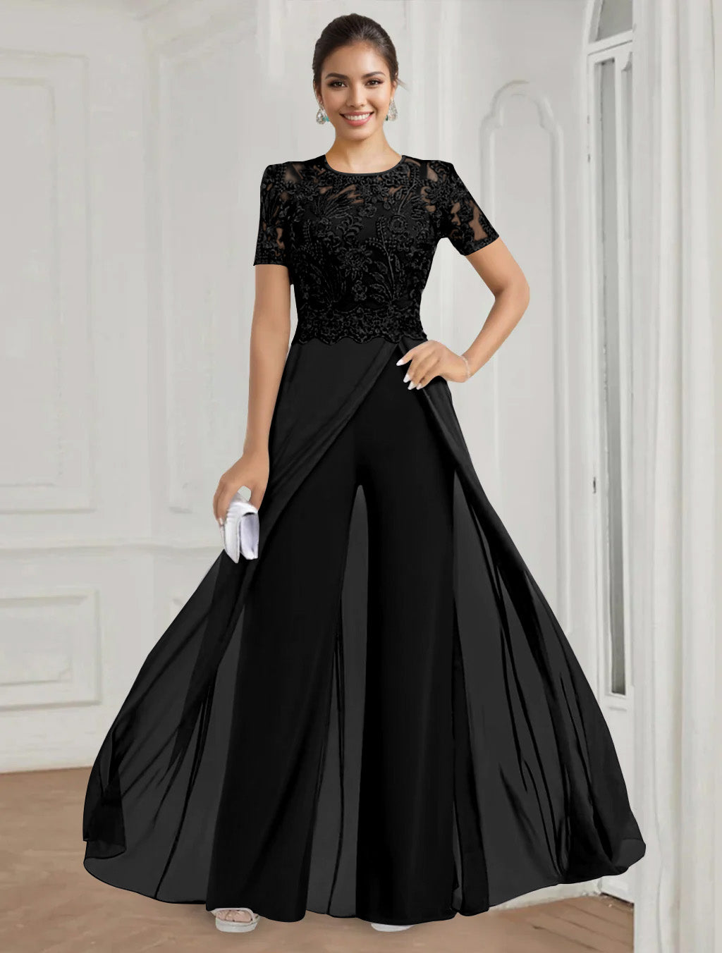 Stretch Chiffon Round Neck Short Sleeves Floor Length Mother of the Bride Pantsuits with Appliques Lace