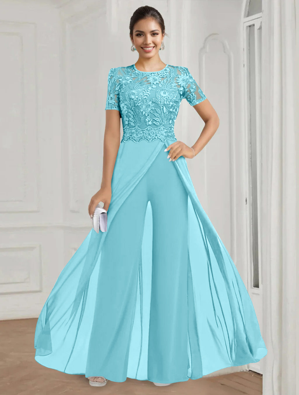 Stretch Chiffon Round Neck Short Sleeves Floor Length Mother of the Bride Pantsuits with Appliques Lace