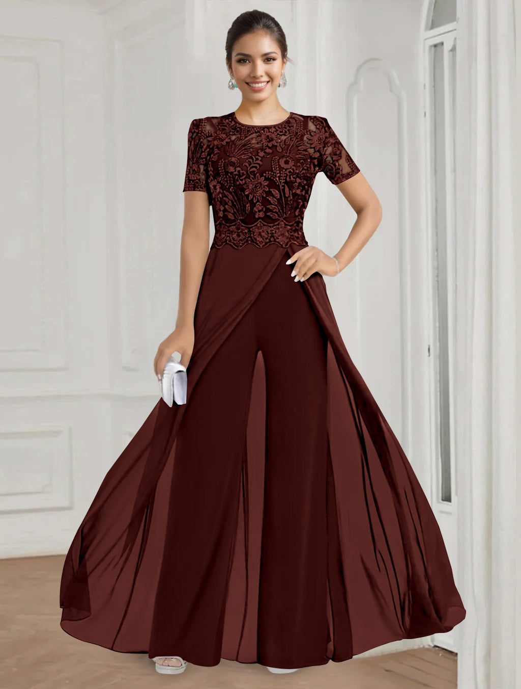 Stretch Chiffon Round Neck Short Sleeves Floor Length Mother of the Bride Pantsuits with Appliques Lace