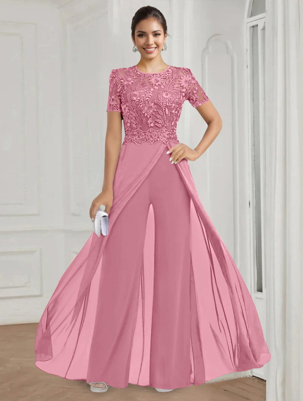 Stretch Chiffon Round Neck Short Sleeves Floor Length Mother of the Bride Pantsuits with Appliques Lace