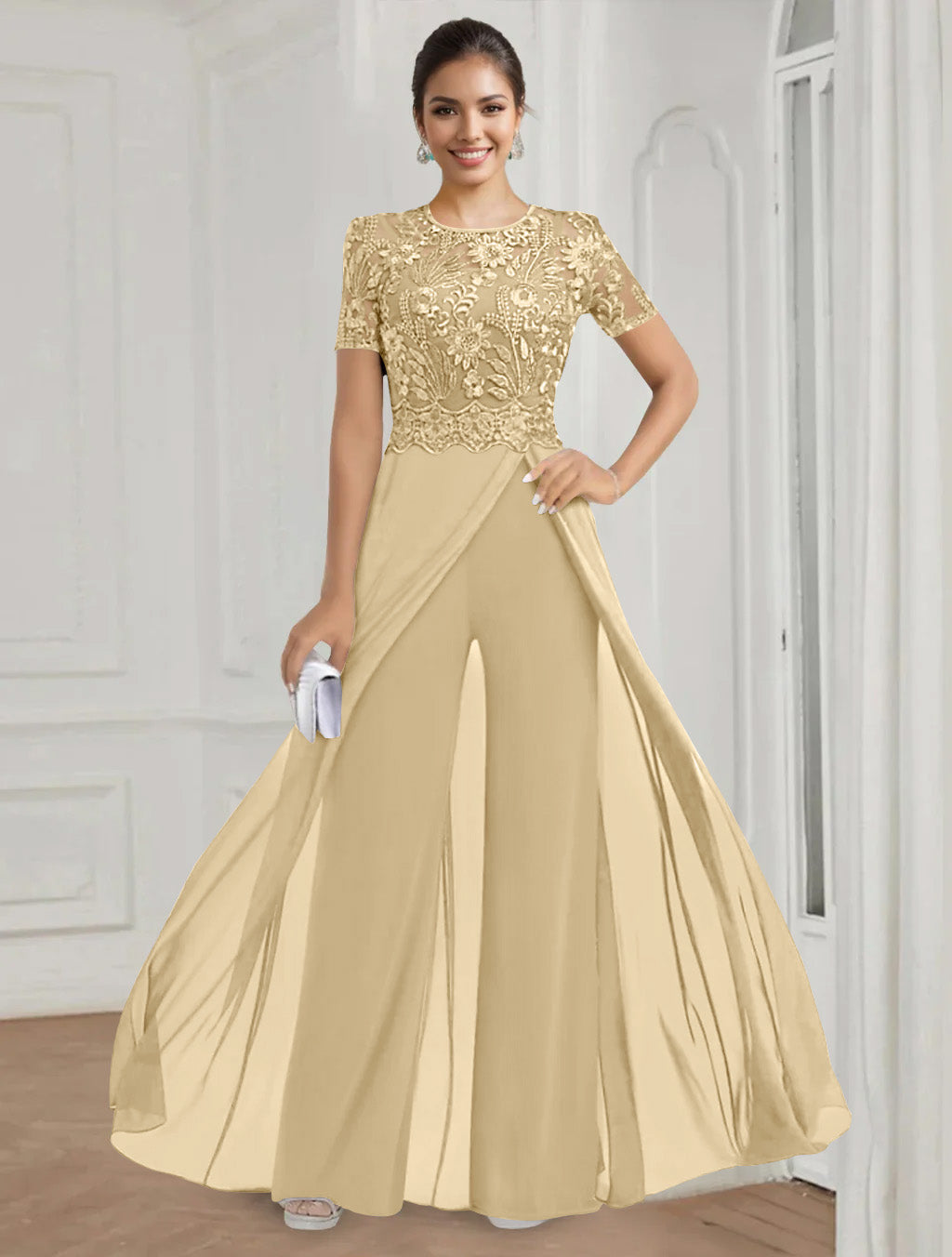 Stretch Chiffon Round Neck Short Sleeves Floor Length Mother of the Bride Pantsuits with Appliques Lace