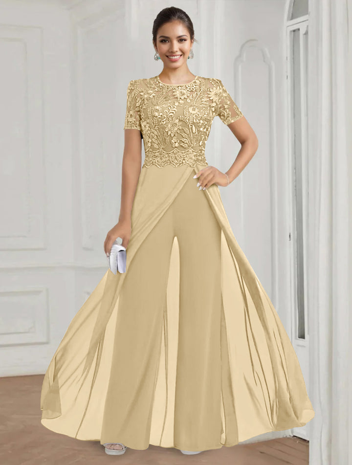 Stretch Chiffon Round Neck Short Sleeves Floor Length Mother of the Bride Pantsuits with Appliques Lace