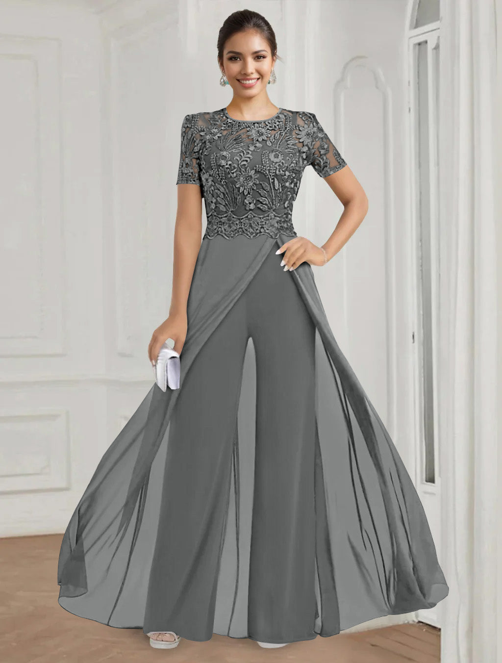 Stretch Chiffon Round Neck Short Sleeves Floor Length Mother of the Bride Pantsuits with Appliques Lace