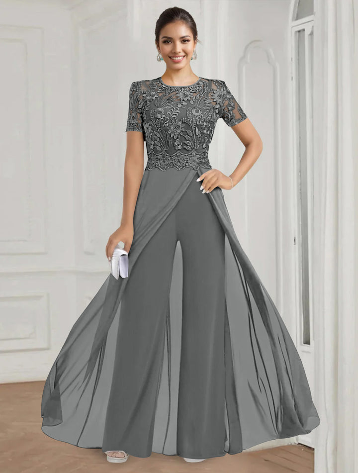 Stretch Chiffon Round Neck Short Sleeves Floor Length Mother of the Bride Pantsuits with Appliques Lace