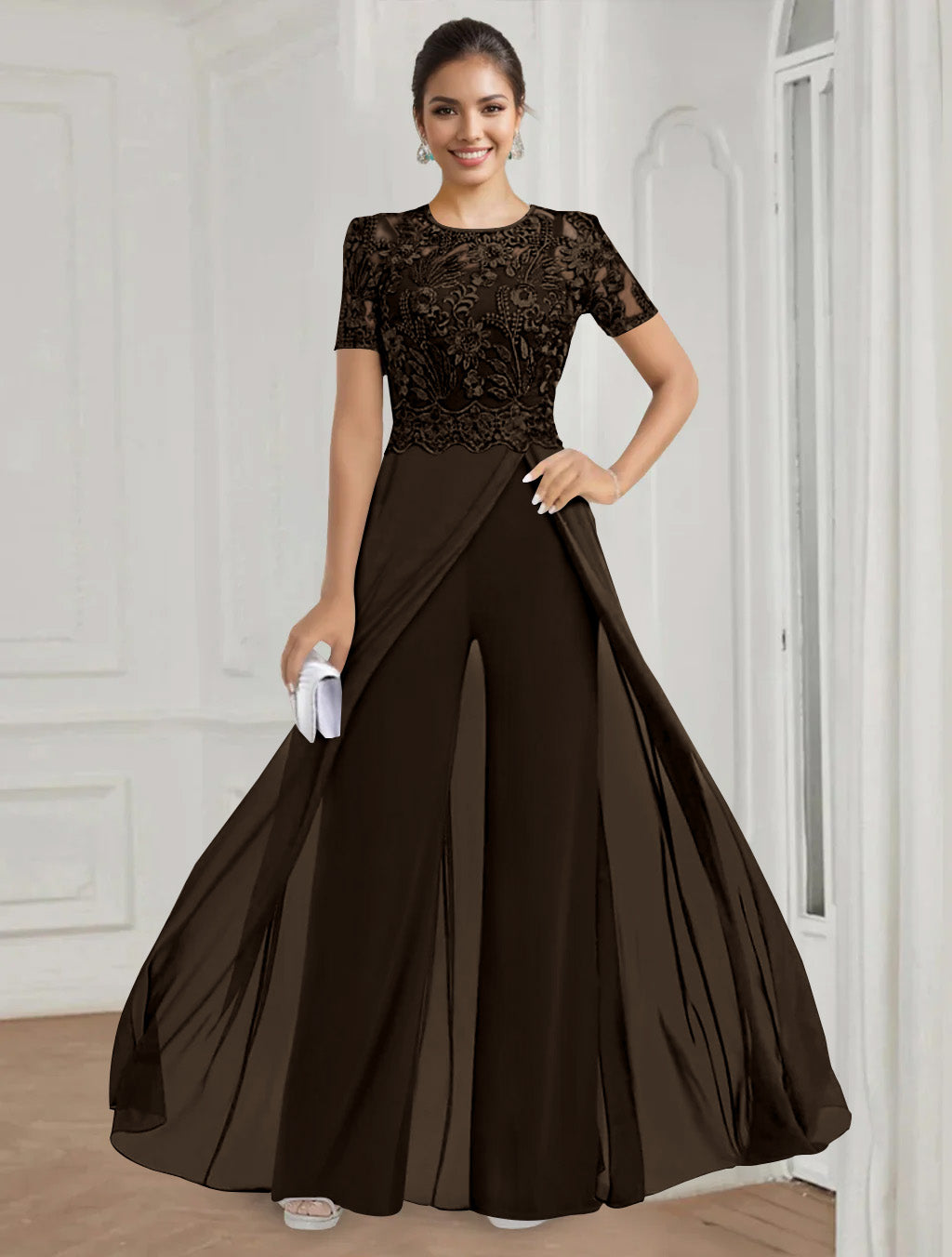 Stretch Chiffon Round Neck Short Sleeves Floor Length Mother of the Bride Pantsuits with Appliques Lace
