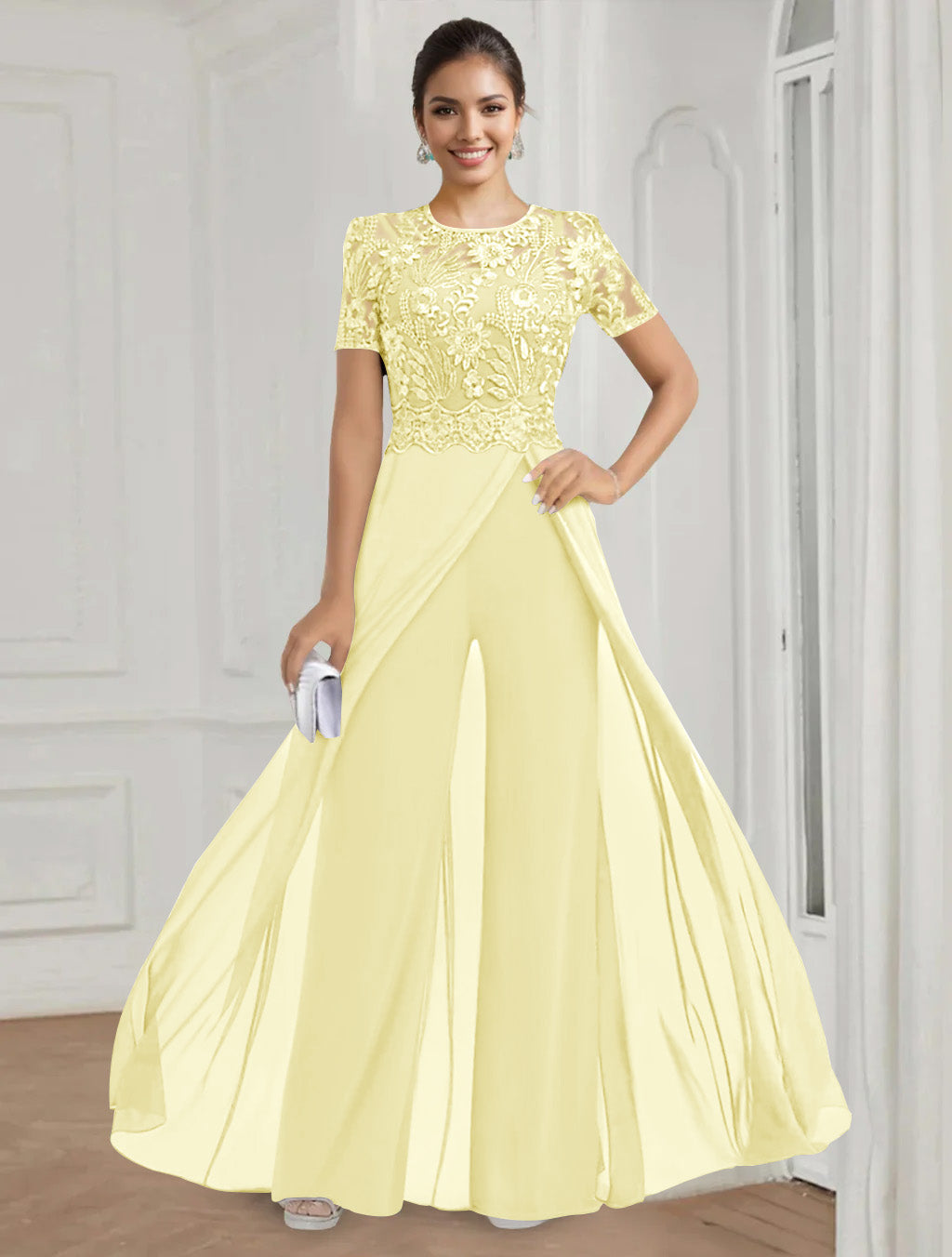 Stretch Chiffon Round Neck Short Sleeves Floor Length Mother of the Bride Pantsuits with Appliques Lace