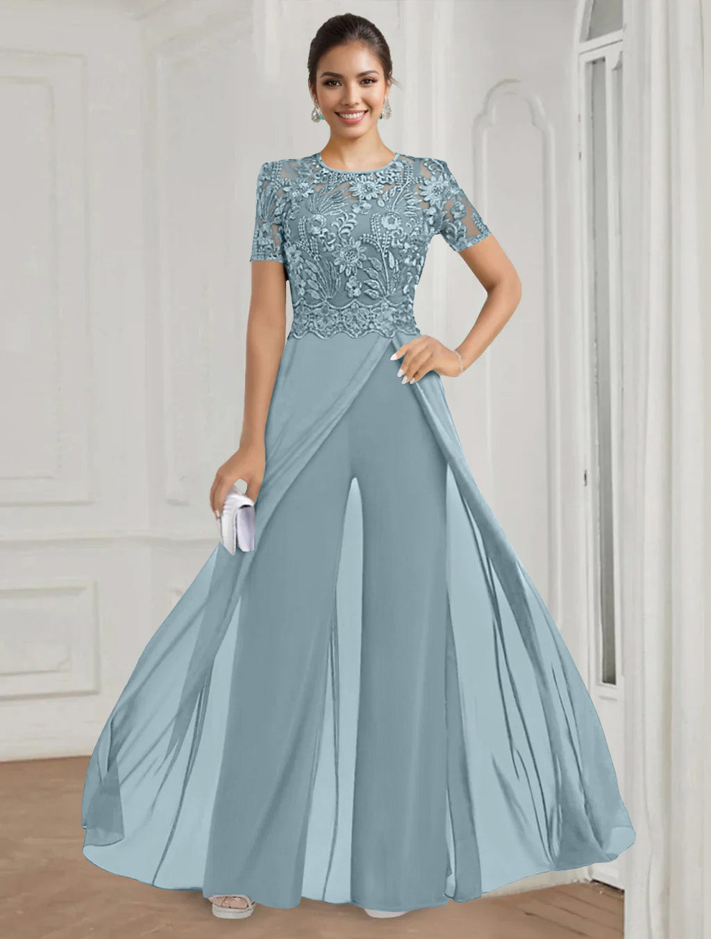 Stretch Chiffon Round Neck Short Sleeves Floor Length Mother of the Bride Pantsuits with Appliques Lace