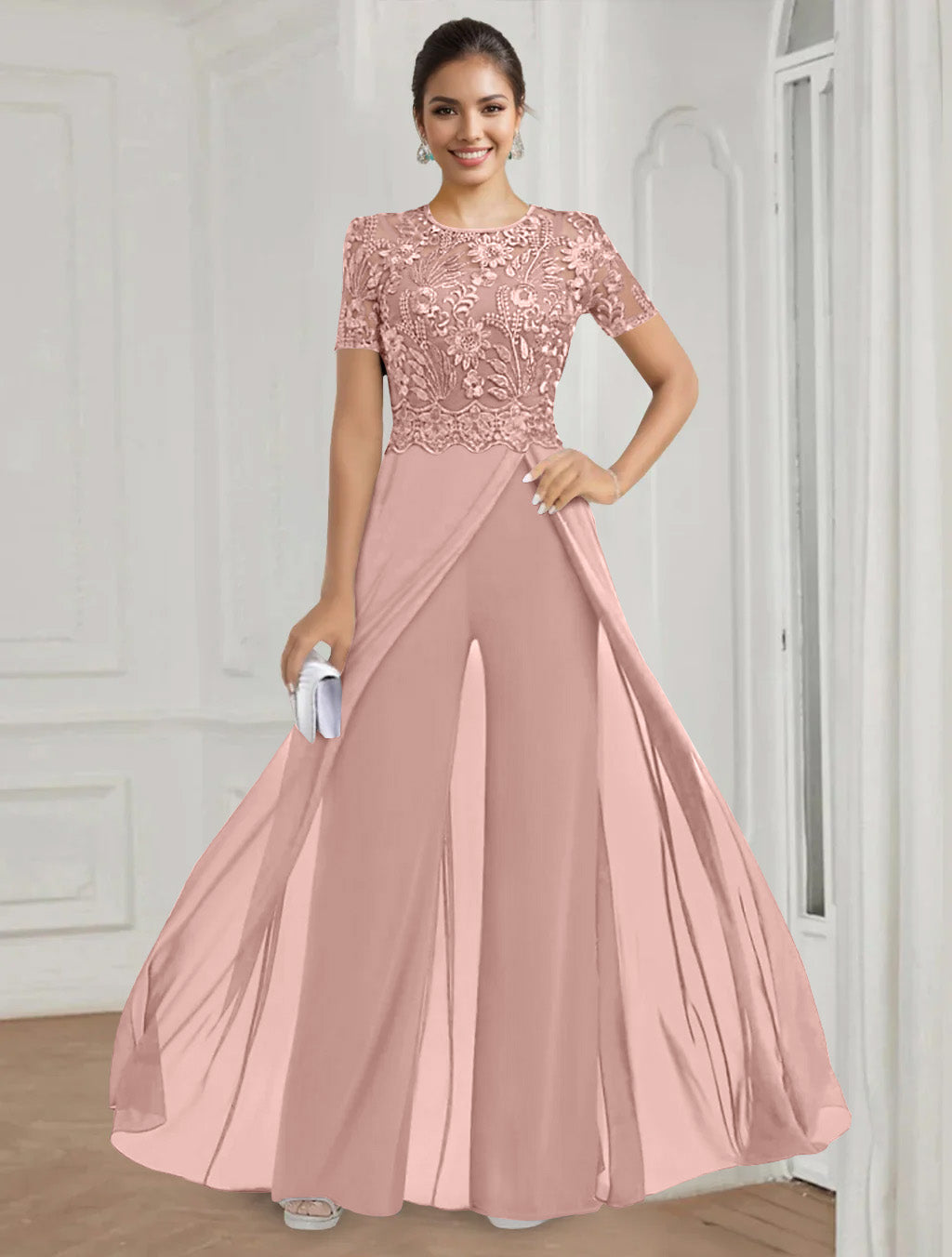 Stretch Chiffon Round Neck Short Sleeves Floor Length Mother of the Bride Pantsuits with Appliques Lace