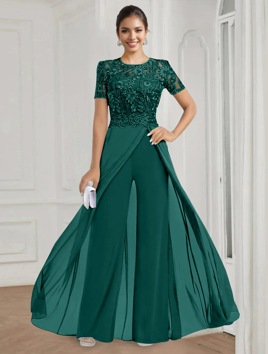 Stretch Chiffon Round Neck Short Sleeves Floor Length Mother of the Bride Pantsuits with Appliques Lace