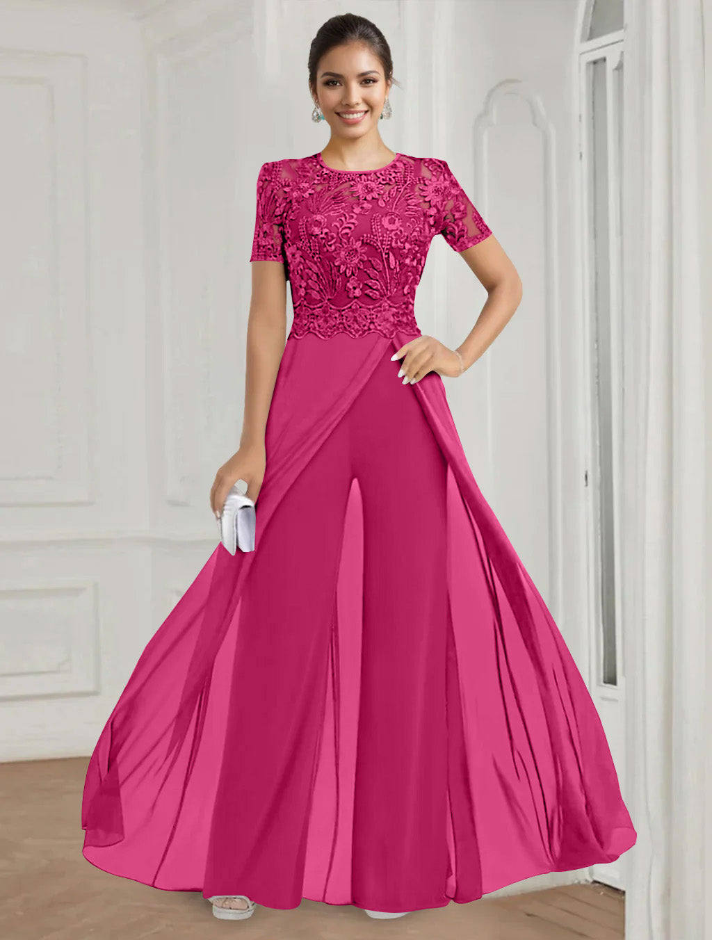 Stretch Chiffon Round Neck Short Sleeves Floor Length Mother of the Bride Pantsuits with Appliques Lace