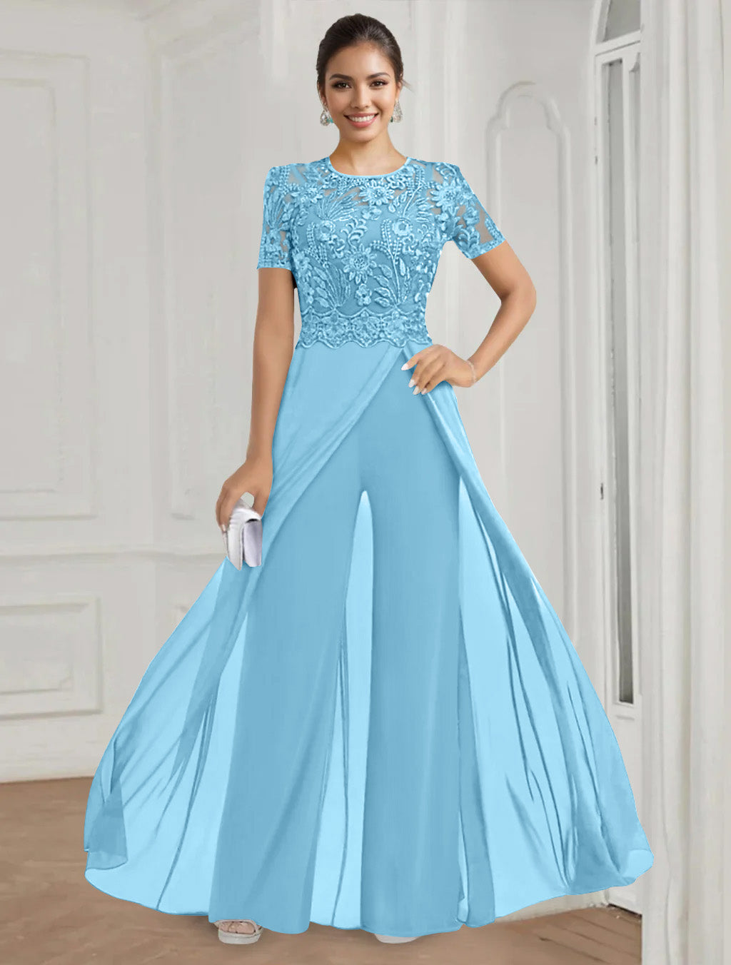 Stretch Chiffon Round Neck Short Sleeves Floor Length Mother of the Bride Pantsuits with Appliques Lace
