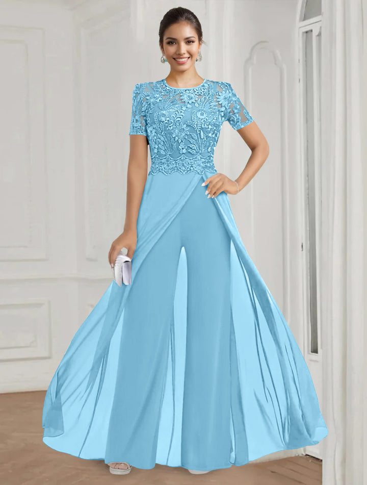 Stretch Chiffon Round Neck Short Sleeves Floor Length Mother of the Bride Pantsuits with Appliques Lace