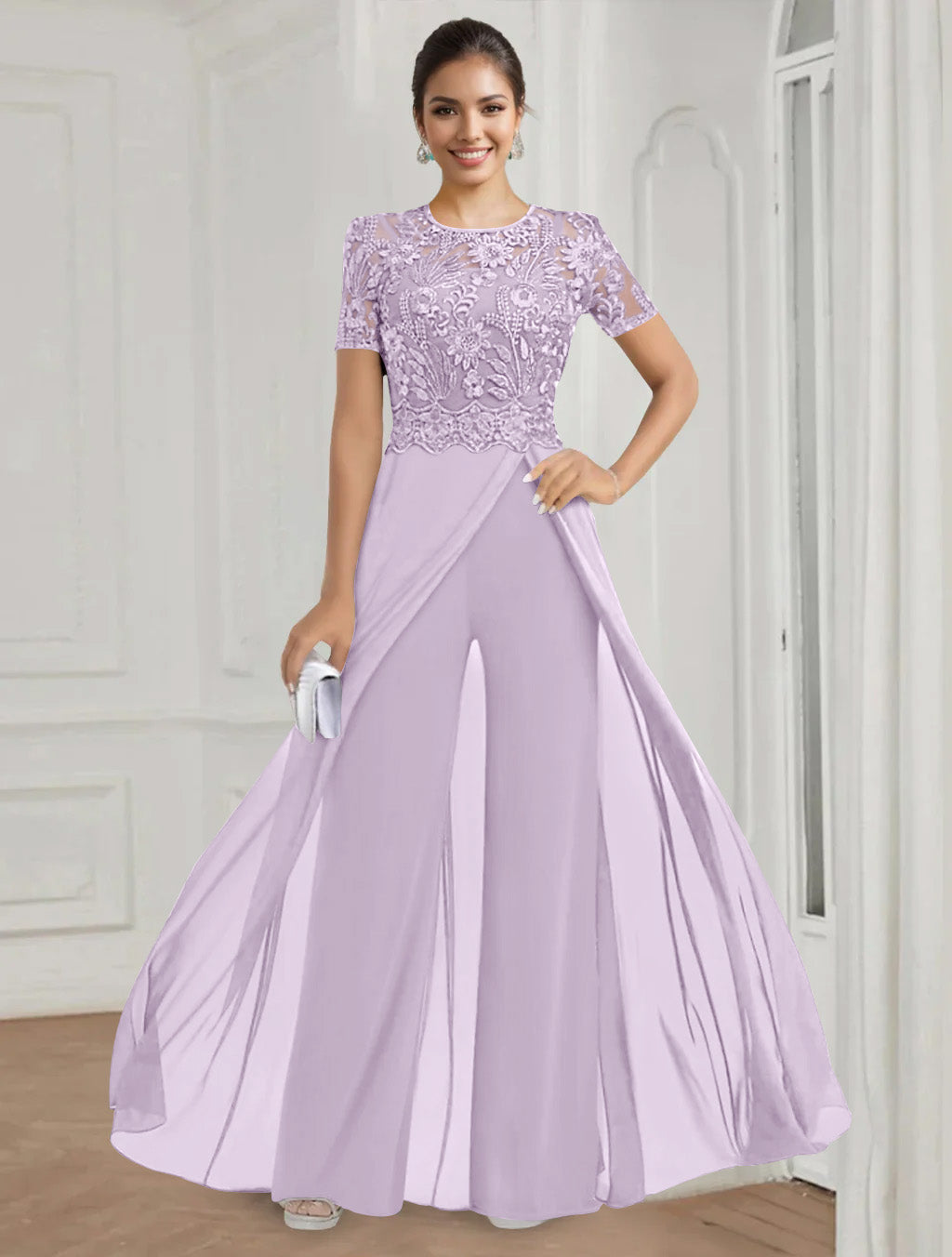 Stretch Chiffon Round Neck Short Sleeves Floor Length Mother of the Bride Pantsuits with Appliques Lace