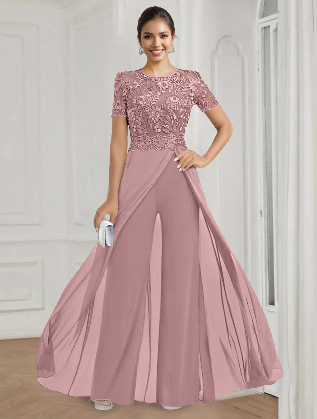 Stretch Chiffon Round Neck Short Sleeves Floor Length Mother of the Bride Pantsuits with Appliques Lace