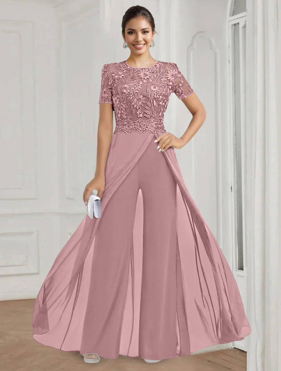 Stretch Chiffon Round Neck Short Sleeves Floor Length Mother of the Bride Pantsuits with Appliques Lace