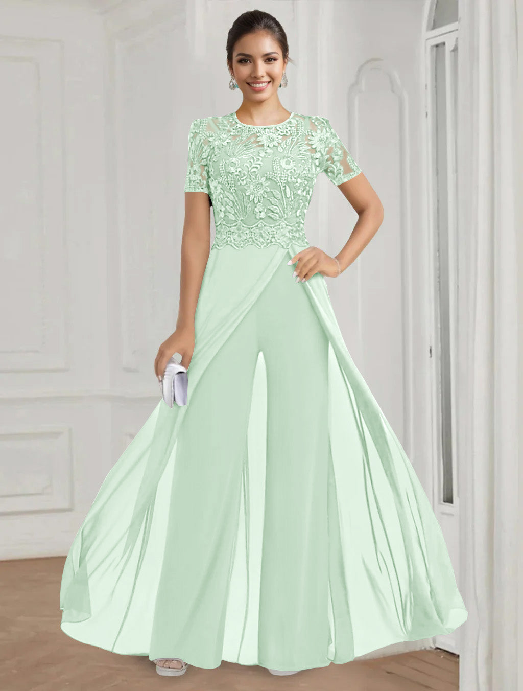 Stretch Chiffon Round Neck Short Sleeves Floor Length Mother of the Bride Pantsuits with Appliques Lace