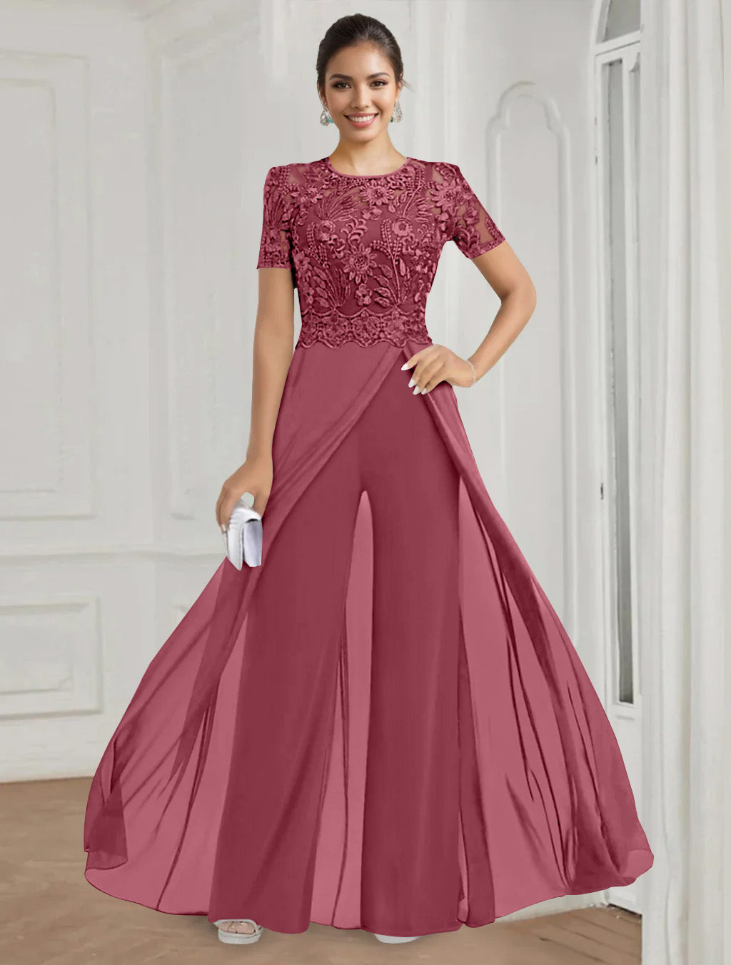 Stretch Chiffon Round Neck Short Sleeves Floor Length Mother of the Bride Pantsuits with Appliques Lace