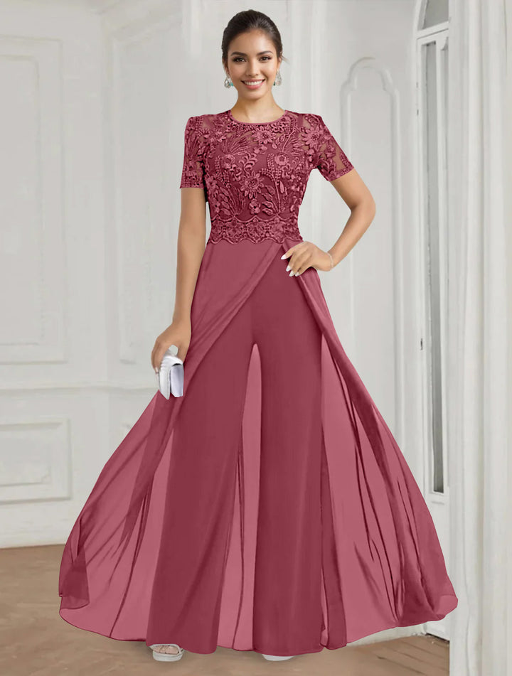 Stretch Chiffon Round Neck Short Sleeves Floor Length Mother of the Bride Pantsuits with Appliques Lace