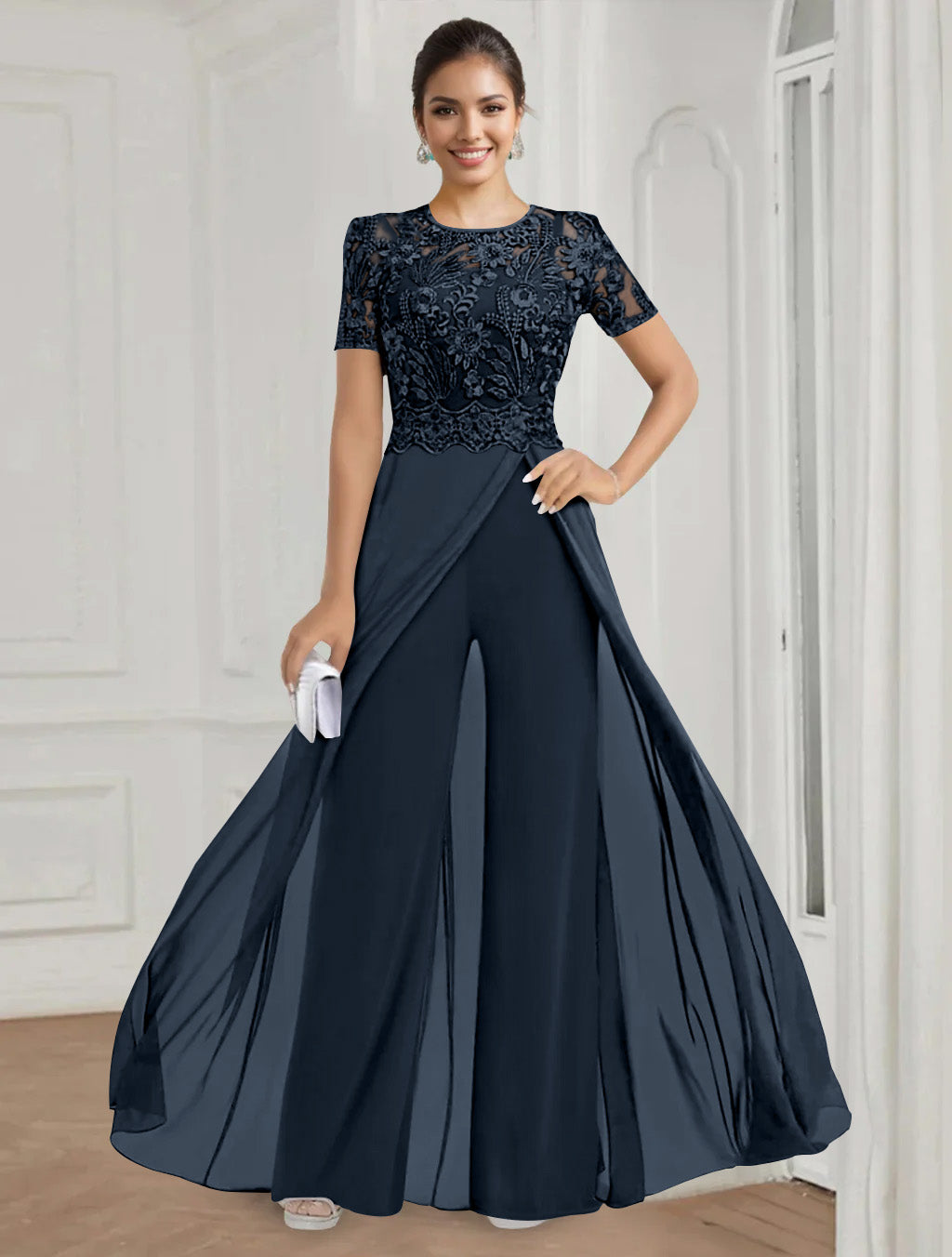 Stretch Chiffon Round Neck Short Sleeves Floor Length Mother of the Bride Pantsuits with Appliques Lace