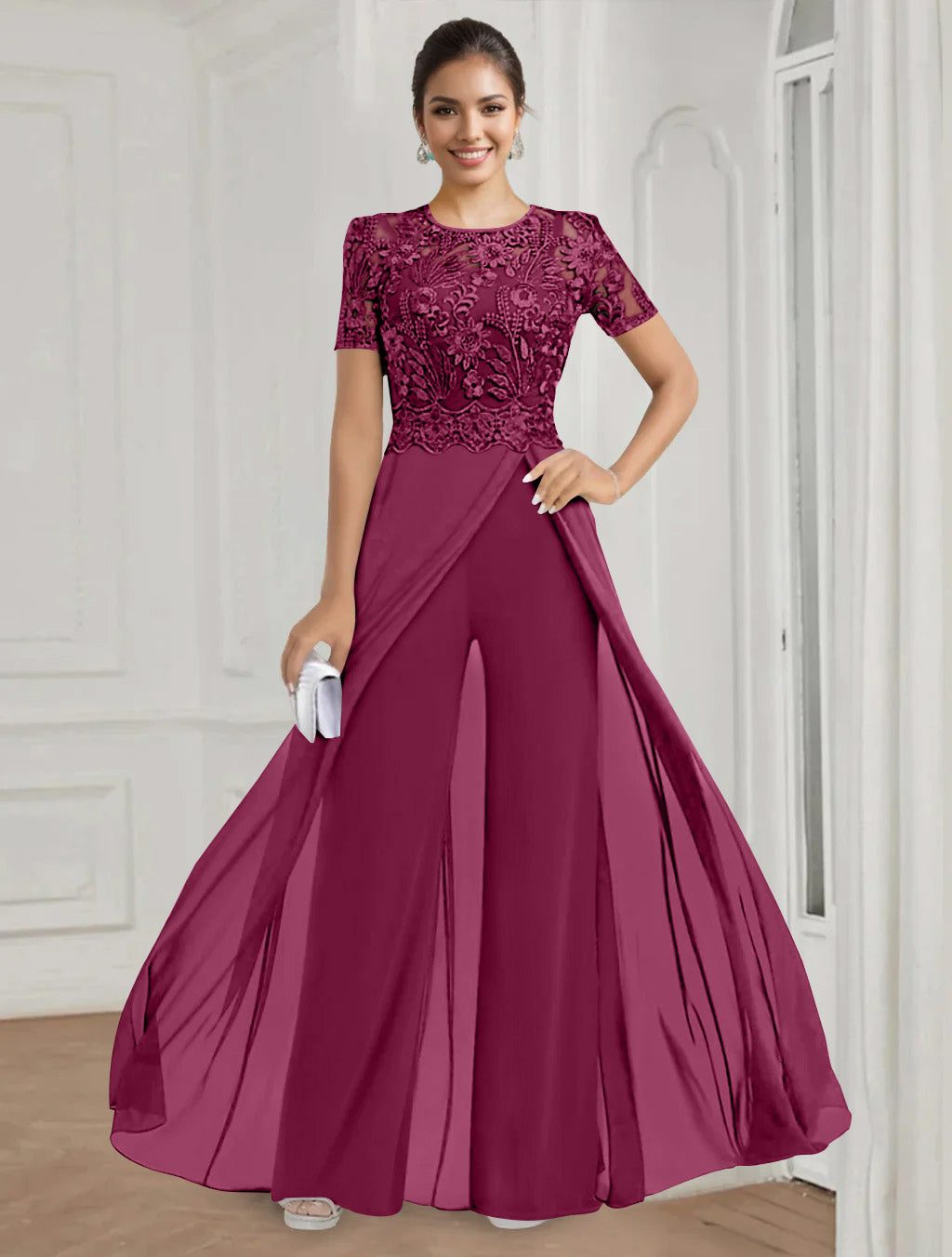 Stretch Chiffon Round Neck Short Sleeves Floor Length Mother of the Bride Pantsuits with Appliques Lace