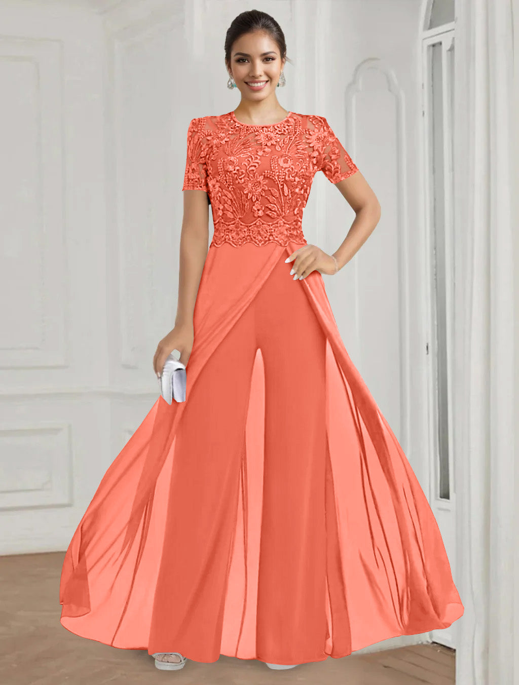 Stretch Chiffon Round Neck Short Sleeves Floor Length Mother of the Bride Pantsuits with Appliques Lace