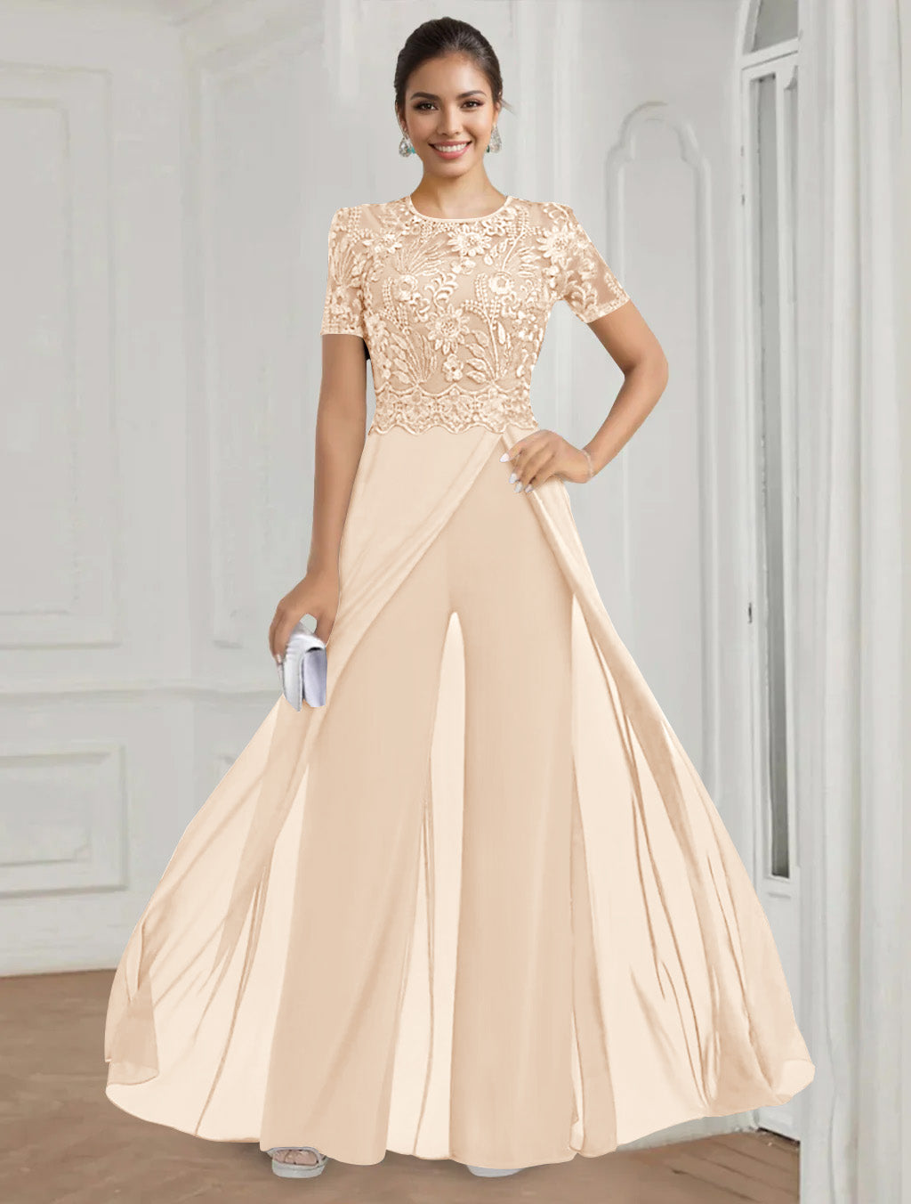 Stretch Chiffon Round Neck Short Sleeves Floor Length Mother of the Bride Pantsuits with Appliques Lace