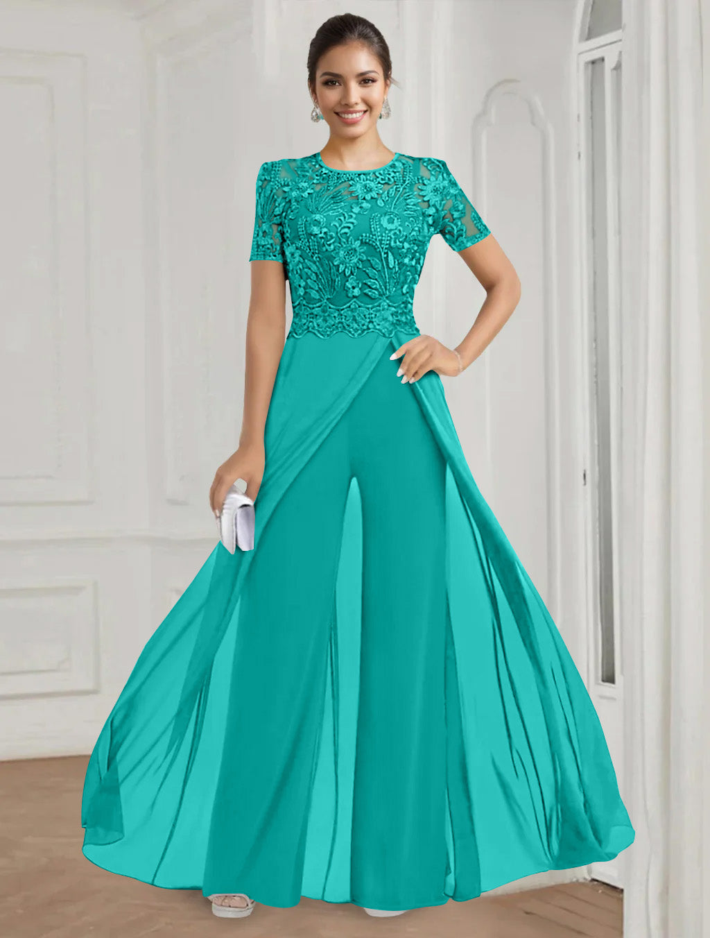 Stretch Chiffon Round Neck Short Sleeves Floor Length Mother of the Bride Pantsuits with Appliques Lace