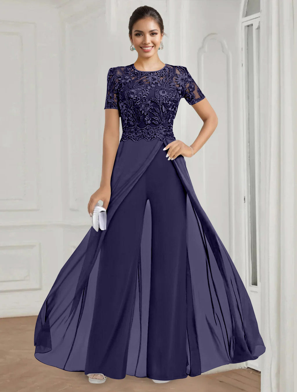 Stretch Chiffon Round Neck Short Sleeves Floor Length Mother of the Bride Pantsuits with Appliques Lace