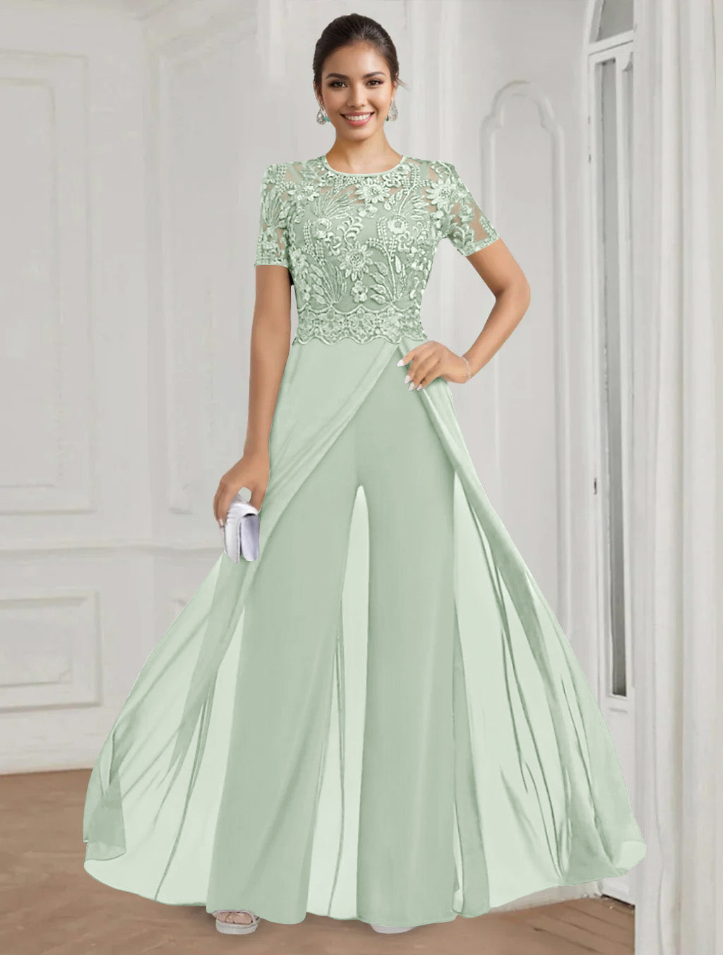 Stretch Chiffon Round Neck Short Sleeves Floor Length Mother of the Bride Pantsuits with Appliques Lace