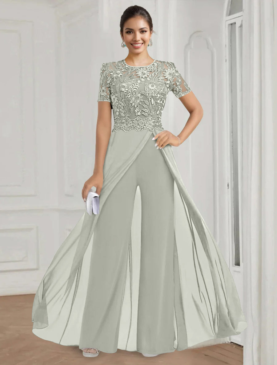 Stretch Chiffon Round Neck Short Sleeves Floor Length Mother of the Bride Pantsuits with Appliques Lace