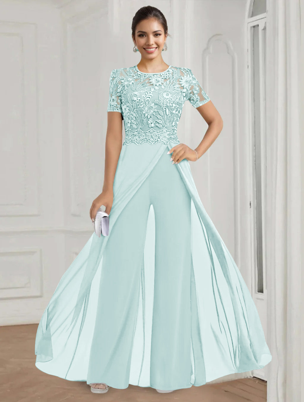 Stretch Chiffon Round Neck Short Sleeves Floor Length Mother of the Bride Pantsuits with Appliques Lace