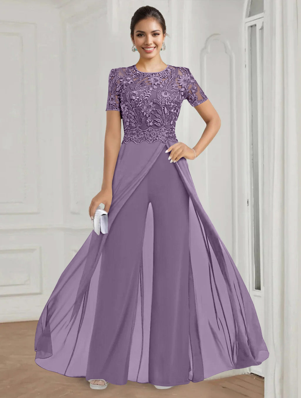 Stretch Chiffon Round Neck Short Sleeves Floor Length Mother of the Bride Pantsuits with Appliques Lace