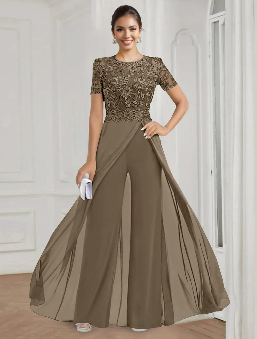 Stretch Chiffon Round Neck Short Sleeves Floor Length Mother of the Bride Pantsuits with Appliques Lace