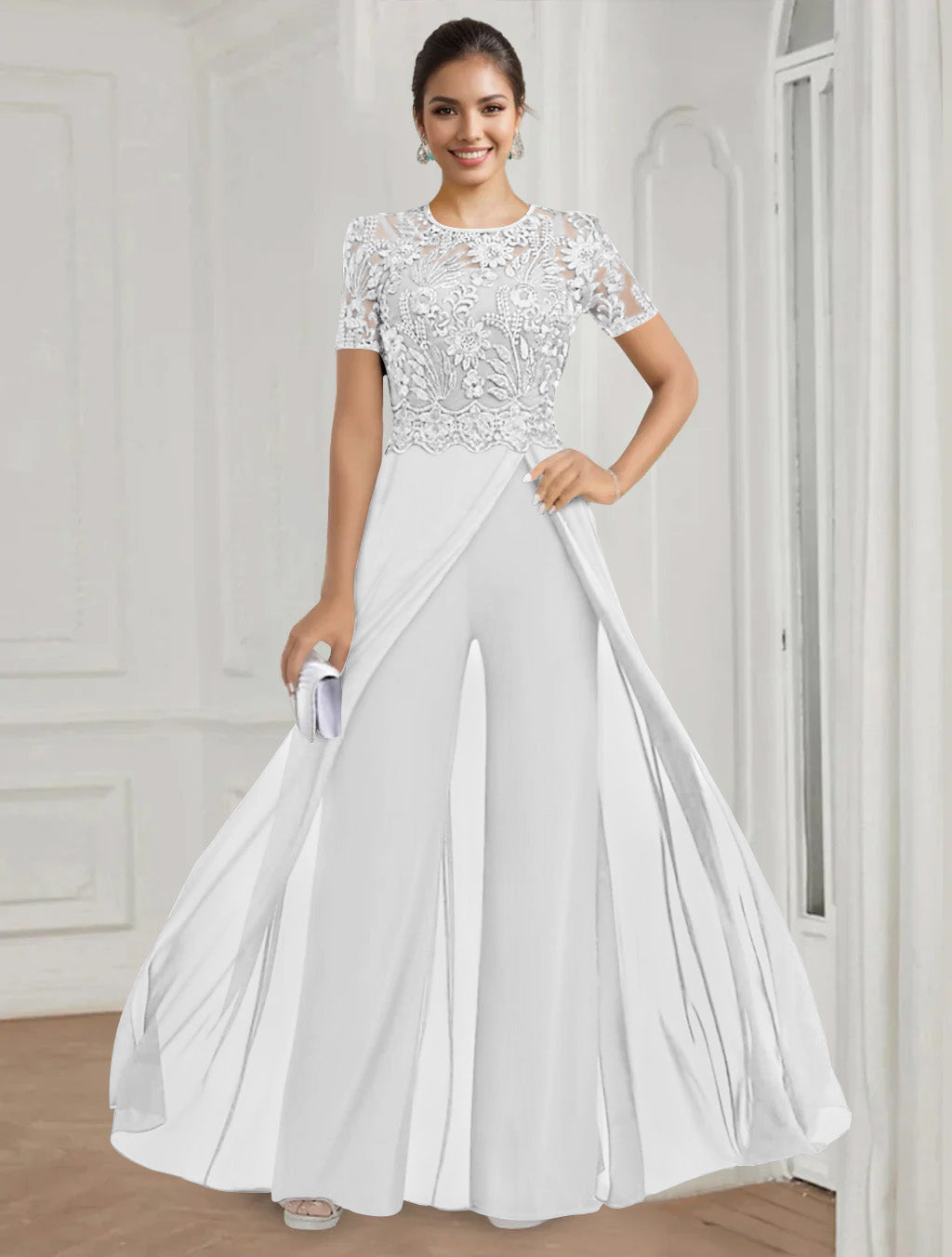 Stretch Chiffon Round Neck Short Sleeves Floor Length Mother of the Bride Pantsuits with Appliques Lace