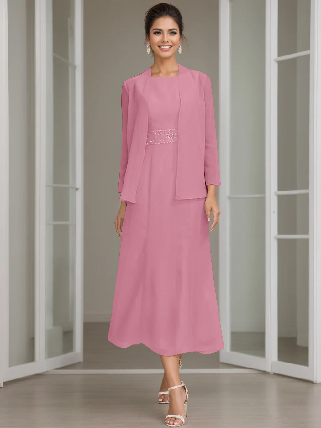 Sheath/Column Jewel Neck Tea Length Mother of the Bride Dresses