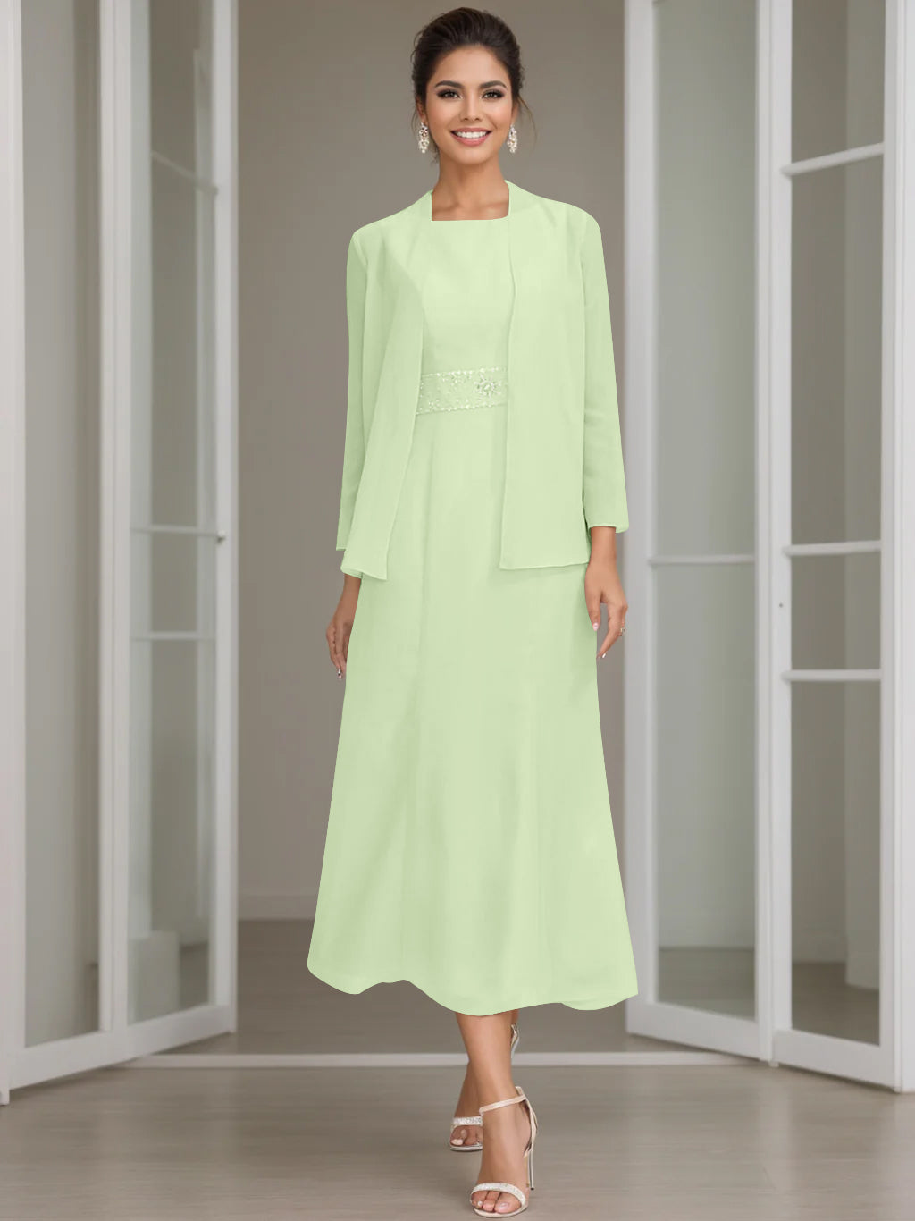 Sheath/Column Jewel Neck Tea Length Mother of the Bride Dresses